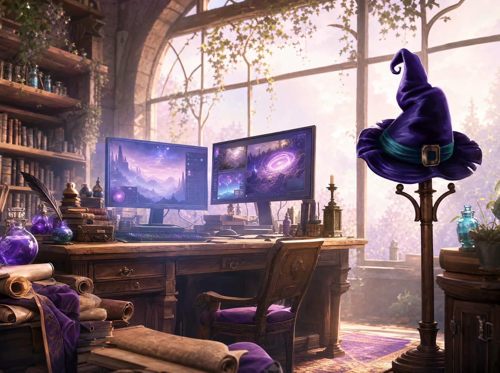 A sunlit wizard's study with two monitors and the Wizard Tools hat on a stand